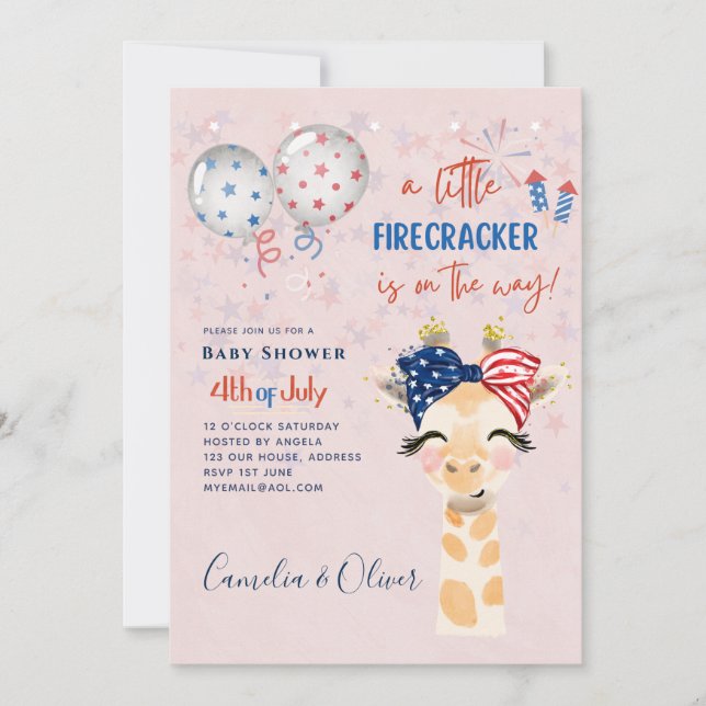 4 juillet BABY SHOWER INVITATION Firecracker Giraf (Devant)