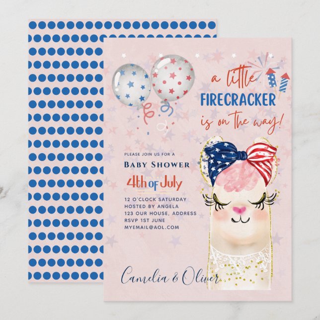 4 juillet BABY SHOWER INVITATION Firecracker Llama (Devant / Derrière)