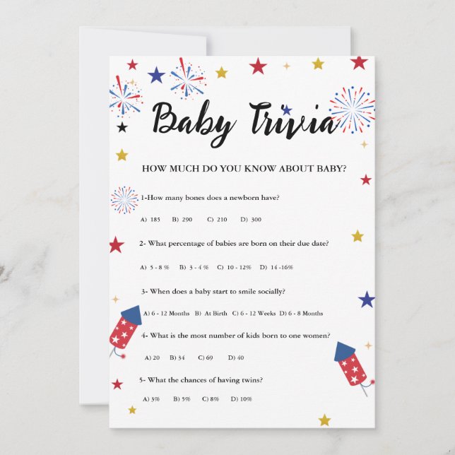 4 juillet Bébé trivia jeu de Baby shower Carte (Devant)
