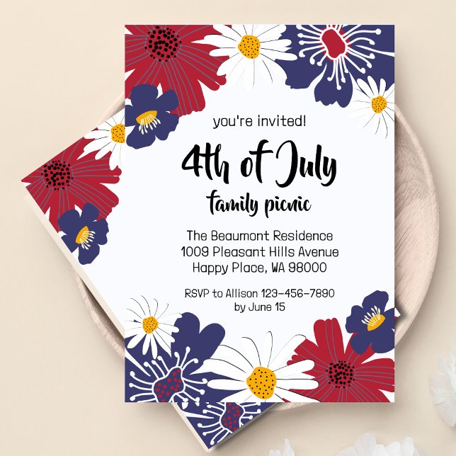 4 juillet Retro Floral Party Invitation (Retro floral 4th of July party invitation, front and back.)