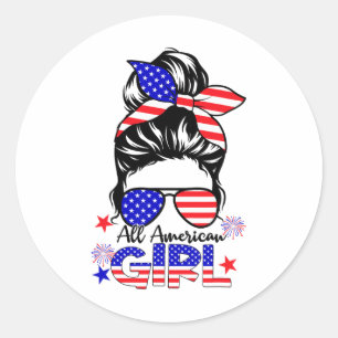 4. Juli Alle amerikanischen Mädchen Messy Bun Runder Aufkleber