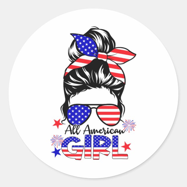 4. Juli Alle amerikanischen Mädchen Messy Bun Runder Aufkleber (Vorderseite)