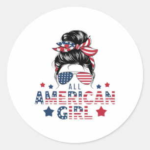 4. Juli Alle amerikanischen Mädchen Messy Bun Wome Runder Aufkleber