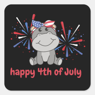 4. Juli American Hippo Kinder US Feuerwerk Quadratischer Aufkleber