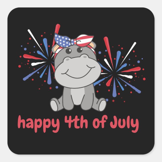 4. Juli American Hippo Kinder US Feuerwerk Quadratischer Aufkleber (Vorderseite)