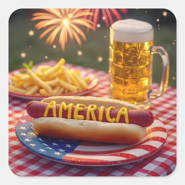 4. Juli American Hot Dog Quadratischer Aufkleber (Vorderseite)