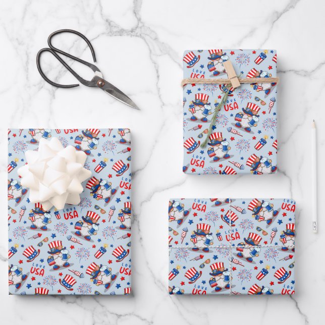 4. Juli Amerika Unabhängigkeit mit Gnome Celebr Geschenkpapier Set (Vorderseite)