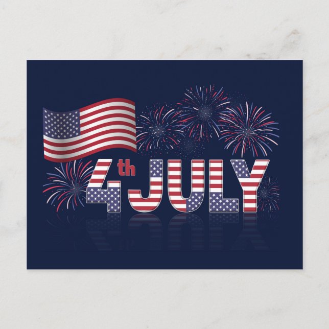 4. Juli Amerikanische Flagge und Feuerwerk Postkarte (Vorderseite)