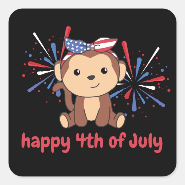 4. Juli amerikanischer Affe für Kinder US Feuerwer Quadratischer Aufkleber (Vorderseite)
