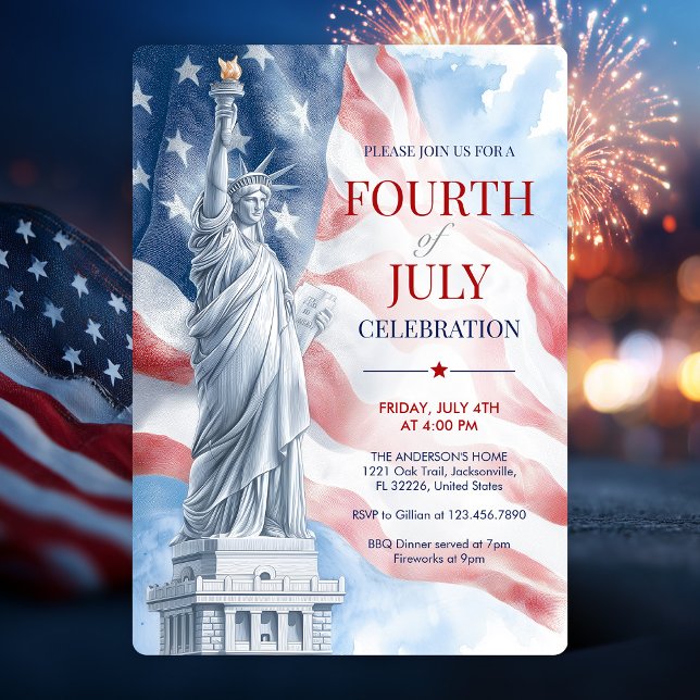 4. Juli Ausgabe der Flag-Illustration "Statue of L Einladung (July 4th Statue of Liberty & USA Flag Illustration Invitation)