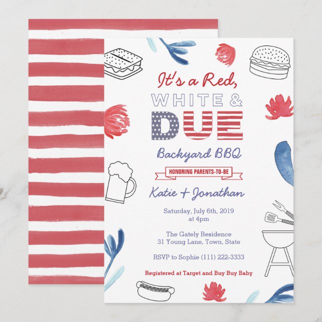 4. Juli Baby Dusche Red White Blue Backyard GRILLE Einladung (Vorne/Hinten)