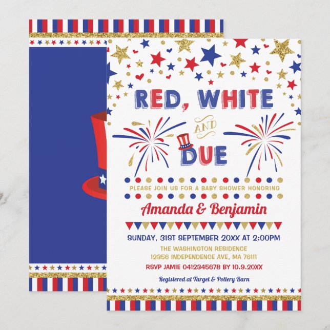 4. Juli Baby Dusche Red White und Due Einladung (Vorne/Hinten)