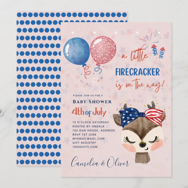 4. Juli BABY SHOWER INVITE Firecracker Hirsch Einladung (Vorne/Hinten)