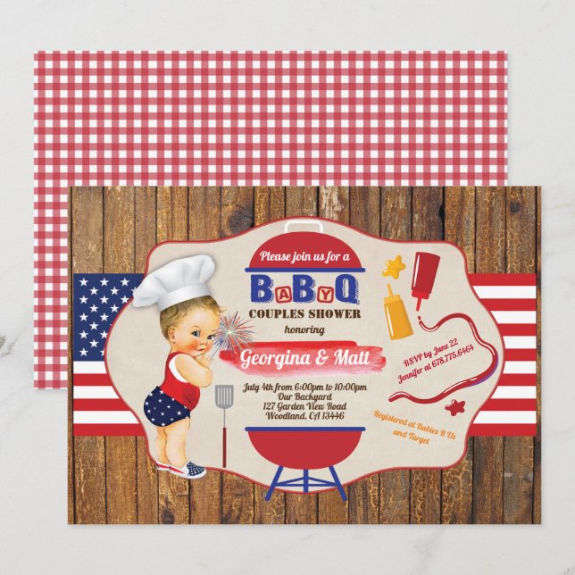 4. Juli Babypaare Dusche GRILLEN Party Einladung (Vorne/Hinten)