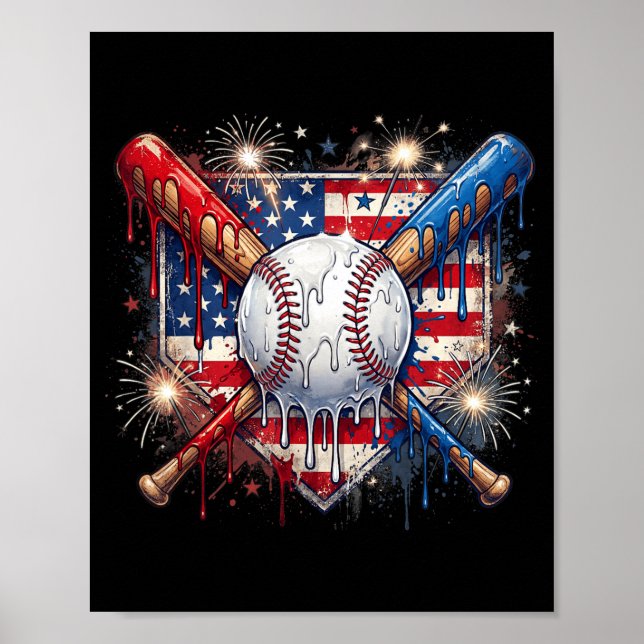 4. Juli Baseball-Drip-Eiscreme Patriotisch Poster (Vorne)