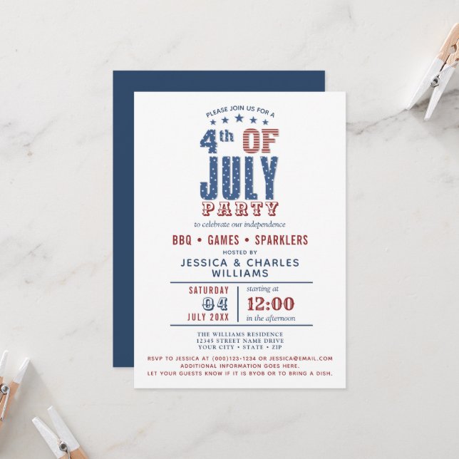  4. Juli Blue Red Stars Streifen Einladung (Vorderseite/Rückseite Beispiel)