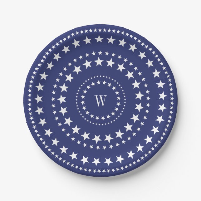 4. Juli Blue Stars Monogram Party Paper Teller (Vorderseite)