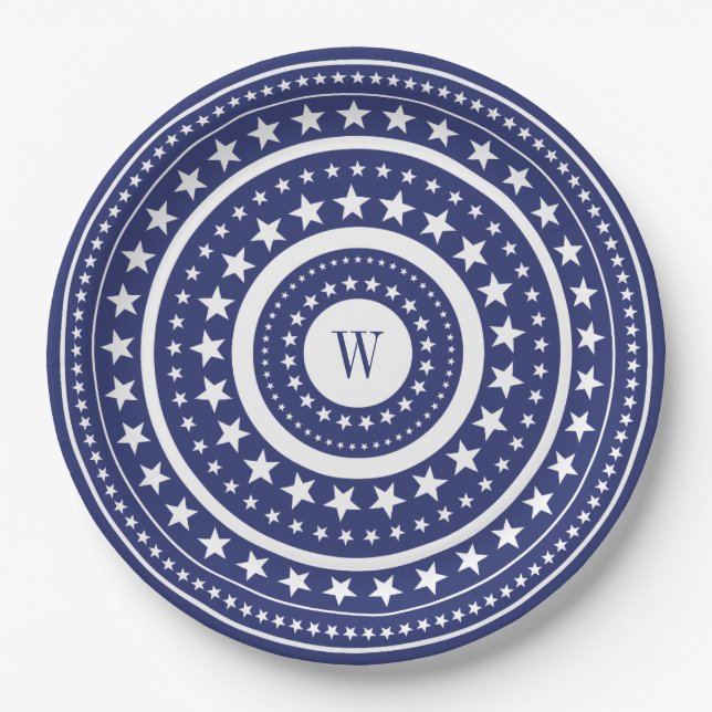 4. Juli Blue Stars Monogram Party Paper Teller (Vorderseite)