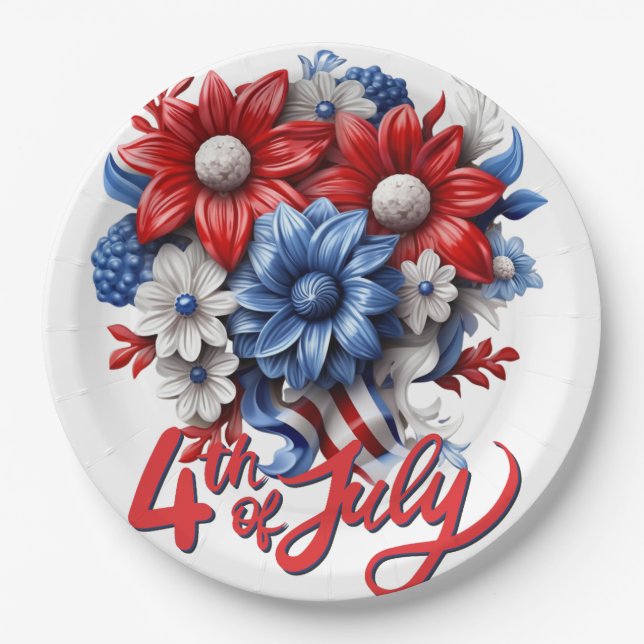 4. Juli Blume in Red White & Blue Patriotic Pappteller (Vorderseite)