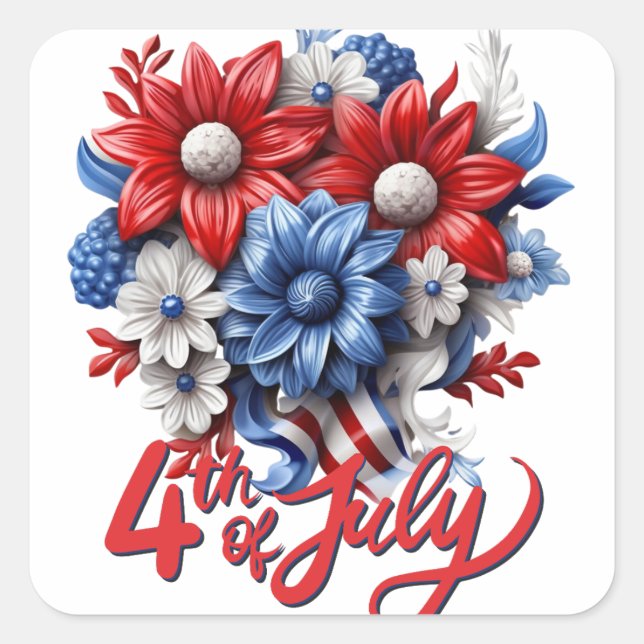 4. Juli Blume in Red White & Blue Patriotic Quadratischer Aufkleber (Vorderseite)