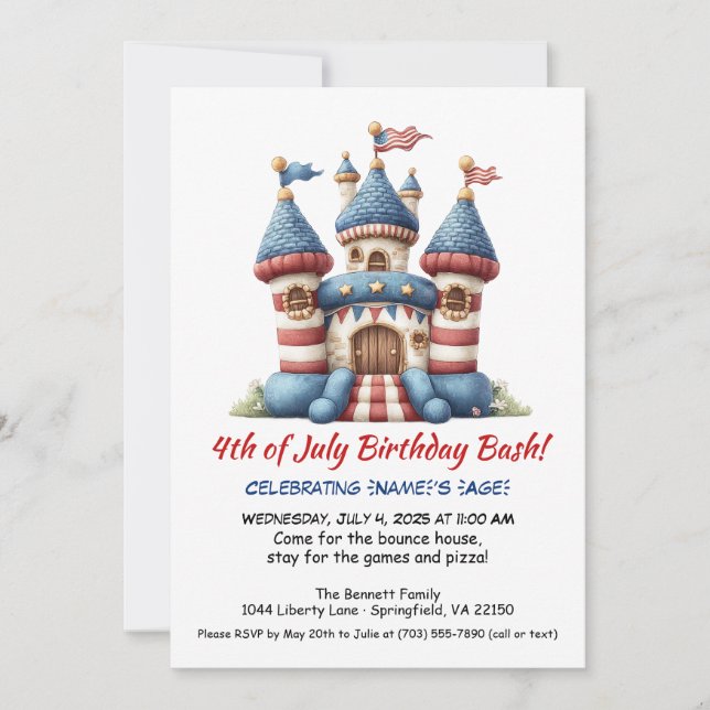4. Juli Bounce House Einladung Geburtstag (Vorderseite)