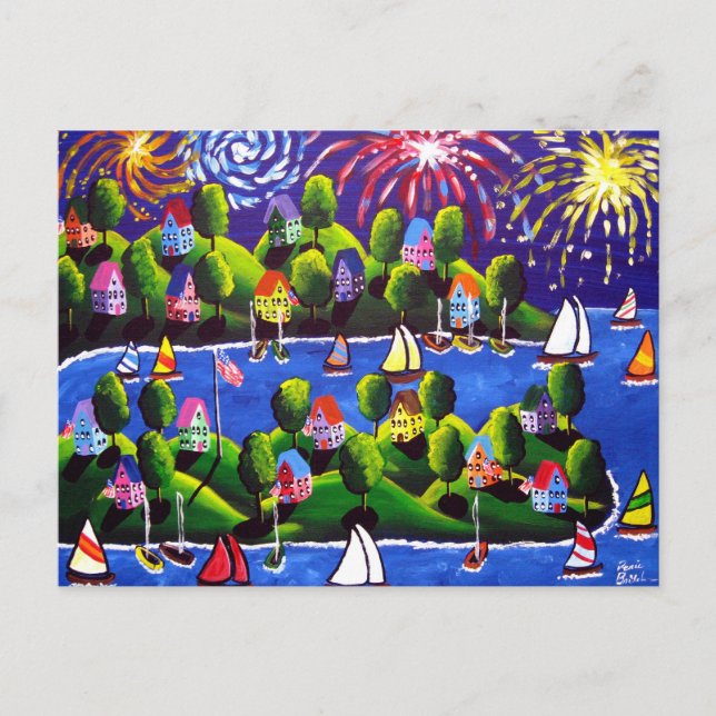 4. Juli Feuerwerk Folk Art Postkarte (Vorderseite)