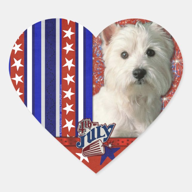 4. Juli Firecracker - West Highland Terrier Herz-Aufkleber (Vorderseite)