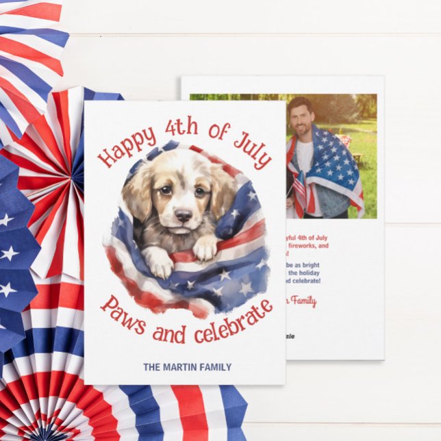 4. Juli Foto Gruß Feiertagskarte (4th of July American flag and puppy photo greeting card for friends and family)