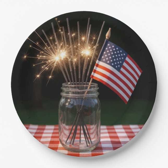 4. Juli-Funkenfeuer mit amerikanischer Flagge Pappteller (Vorderseite)