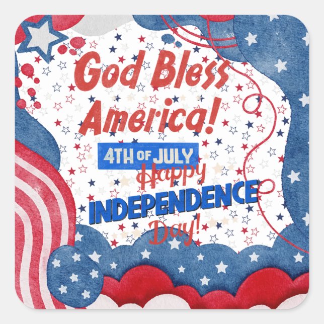 4. Juli, Gott segne Amerika Quadratischer Aufkleber (Vorderseite)