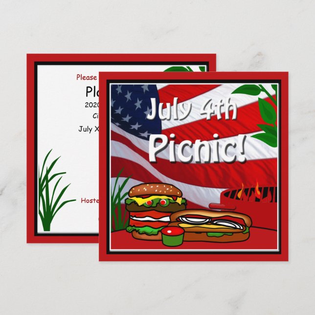 4. Juli GRILLEN Grill Picnic Hamburger Hotdog Einladung (Vorne/Hinten)