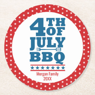 4. Juli GRILLEN Party Custom Familienname Runder Pappuntersetzer