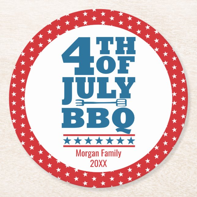 4. Juli GRILLEN Party Custom Familienname Runder Pappuntersetzer (Vorderseite)