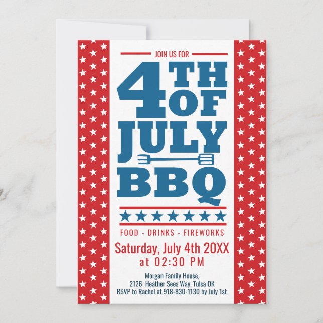 4. Juli GRILLEN Red Blue White Stars Party Einladung (Vorderseite)