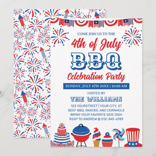 4. Juli GRILLEN zum Feuerwerk Unabhängigkeit Tag Einladung (Vorne/Hinten)
