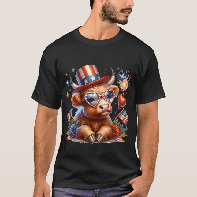 4. Juli Highland Cow Niedlich American T-Shirt (Vorderseite)