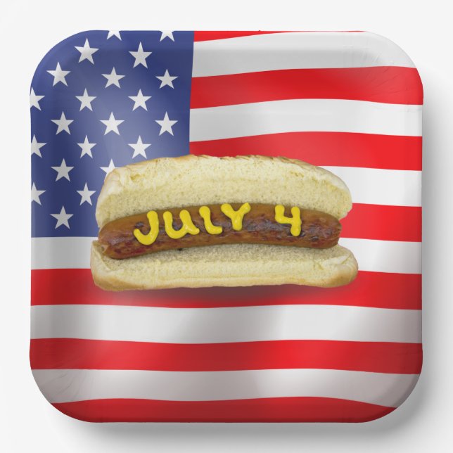 4. Juli Hot Dog auf amerikanischer Flagge Pappteller (Vorderseite)