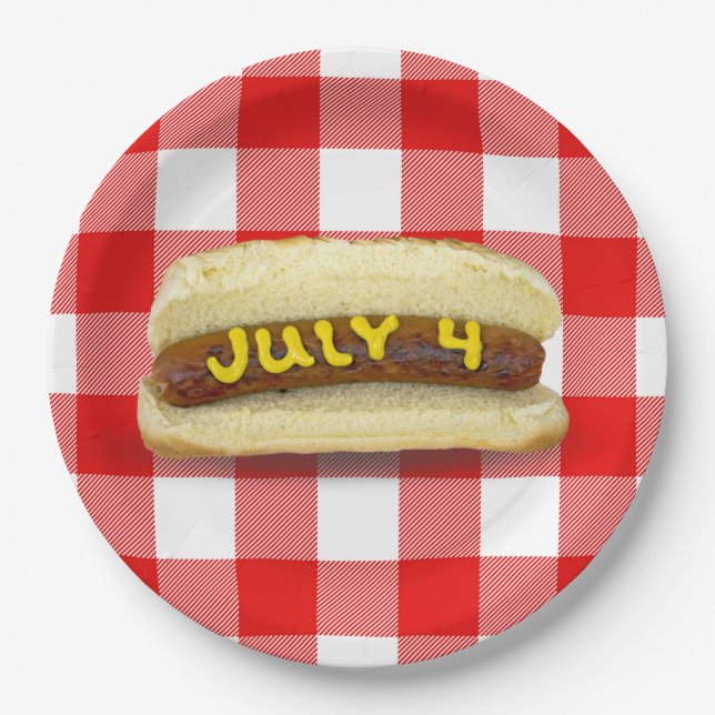 4. Juli Hot Dog auf Buffalo Kariert Pappteller (Vorderseite)