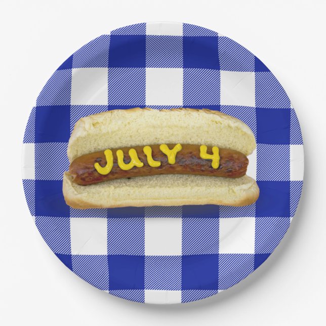 4. Juli Hot Dog auf Buffalo Karierte Papierplatte Pappteller (Vorderseite)