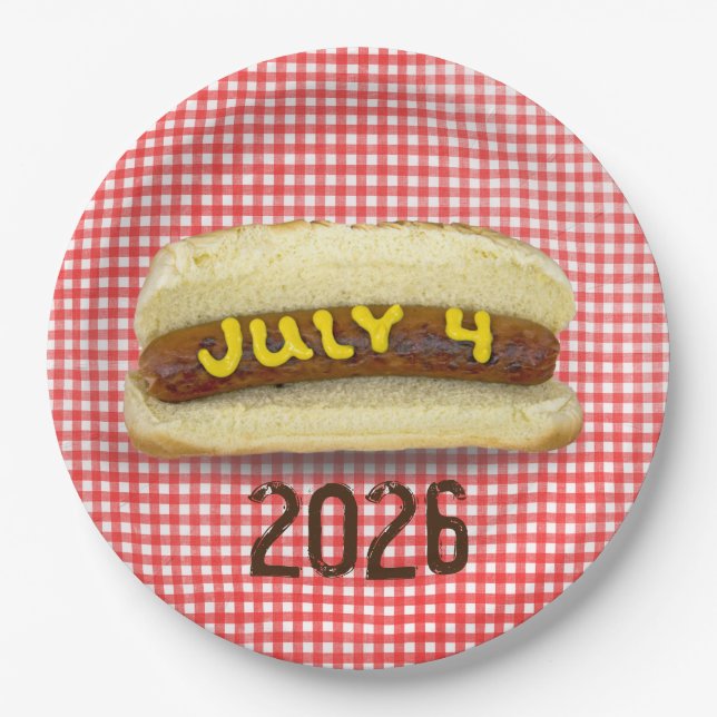 4. Juli Hot Dog auf Gingham Napkins Pappteller (Vorderseite)