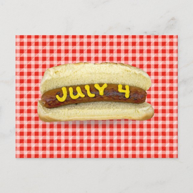 4. Juli Hot Dog auf Red Gingham Postkarte (Vorderseite)