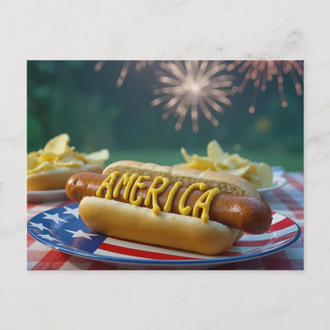 4. Juli Hot Dog-Feier Postkarte (Vorderseite)