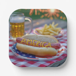 4. Juli Hot Dog mit Bier und Pommes Pappteller