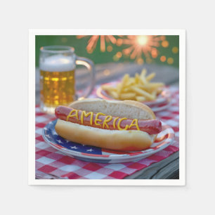 4. Juli Hot Dog mit Bier und Pommes Serviette