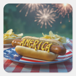 4. Juli Hot Dog und Feuerwerk Quadratischer Aufkleber