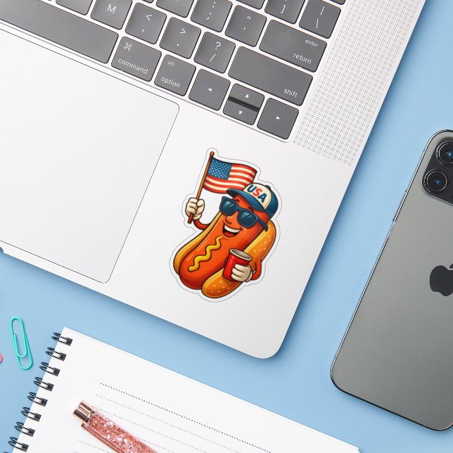 4. Juli Hotdog Funny Patriotic USA Flag Aufkleber (Laptop mit iPhone)