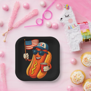 4. Juli Hotdog Funny Patriotic USA Flag Pappteller