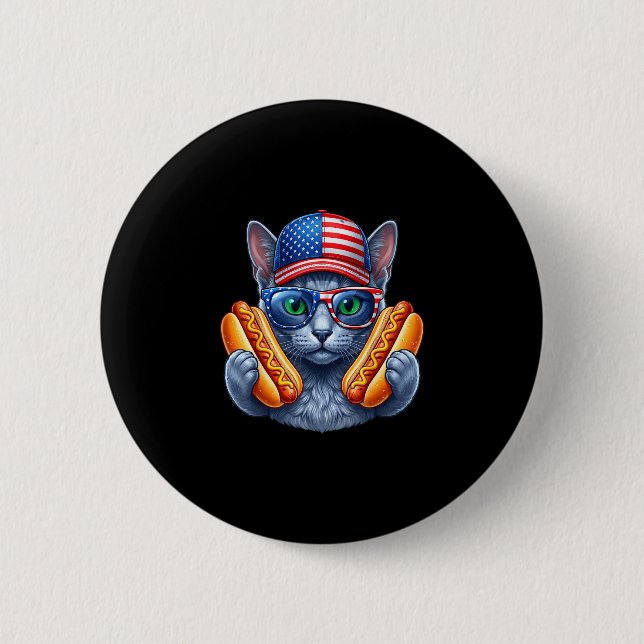 4. Juli Hotdog Russian Blue Katze lustig Button (Vorderseite)