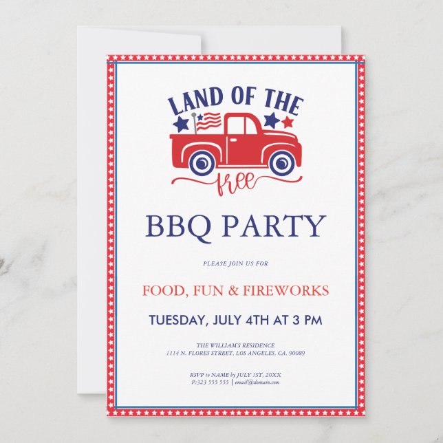 4. Juli Land der kostenlosen Grillen Party Einladu Einladung (Vorderseite)