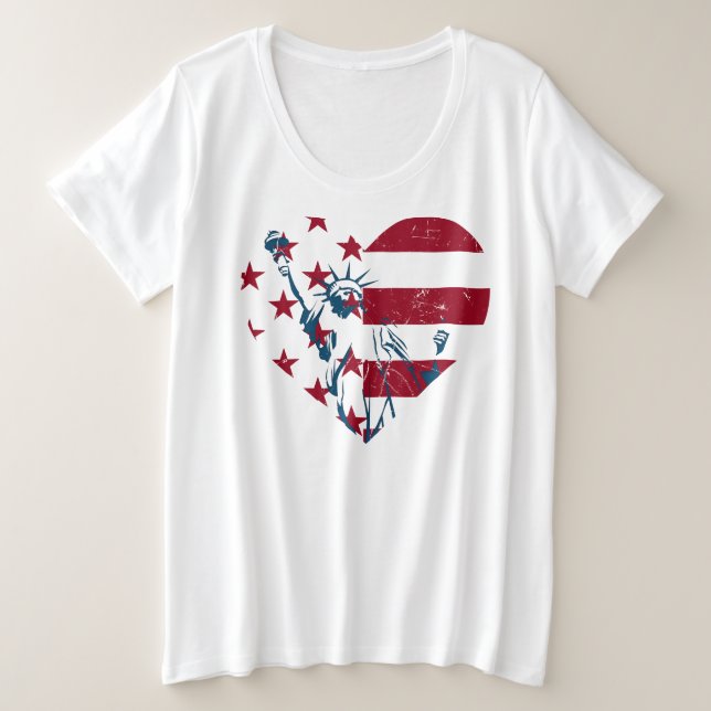 4. Juli Liberty Statue Heart US Flag Patriotic Große Größe T-Shirt (Design vorne)